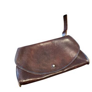 Dean. Dean Leather clutch Brown with wristlet strap Blue Stitch
